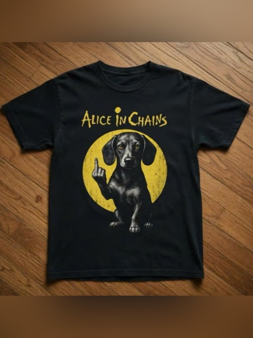 Vintage Black Tee Alice In Chains with Yellow Circle and Dachshund Graphic